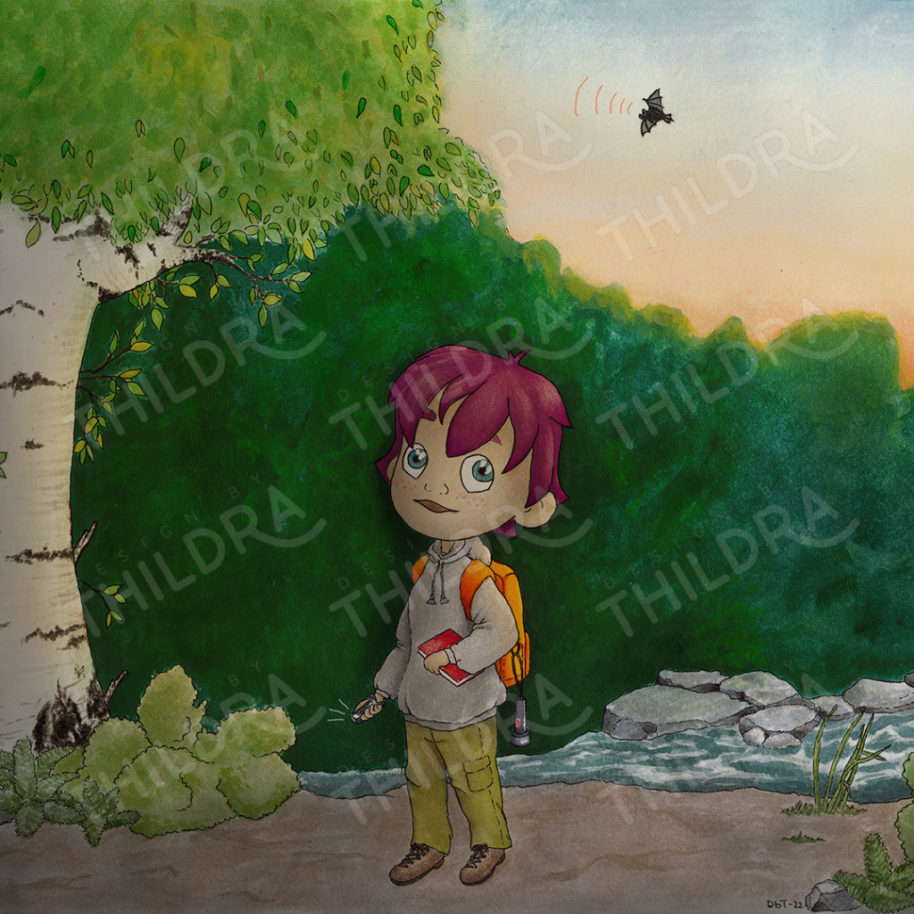 Ett barn ute i skogen och en fladdermus flygande på himlen i bakgrunden.